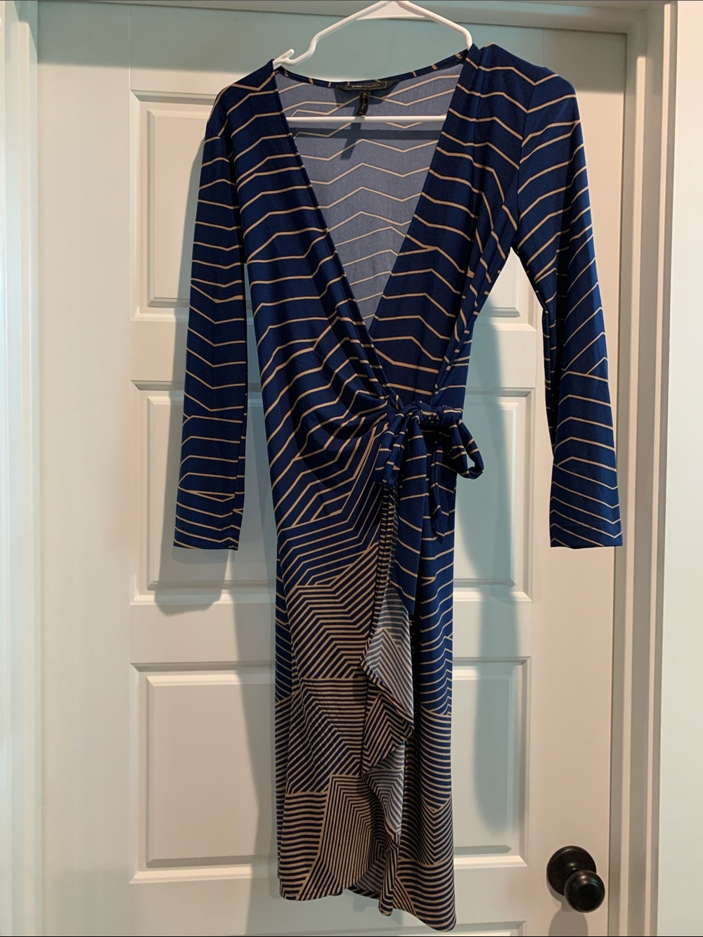 Striped Navy Wrap Midi Dress with Tie Waist